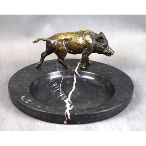 Großer Visitenkartenhalter mit Wildschwein, Jagd, Bronze, Marmor, 1920er Jahre.