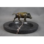 Großer Visitenkartenhalter mit Wildschwein, Jagd, Bronze, Marmor, 1920er Jahre.