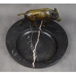 Großer Visitenkartenhalter mit Wildschwein, Jagd, Bronze, Marmor, 1920er Jahre.