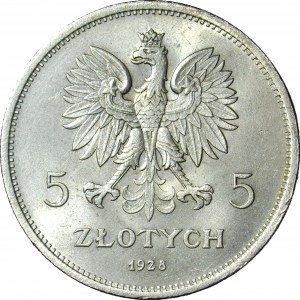 5 złotych 1928 Nike, ze znakiem, Warszawa, mennicze