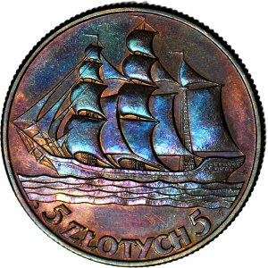 5 Gold 1936 Segelschiff, postfrisch, ausgezeichnete Patina