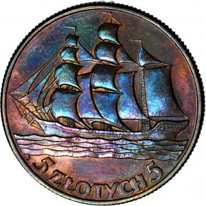 5 gold 1936 Sailing ship, mint, great patina
