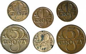 II RP, sada 5 mincí: 1gr 1928, 1934, 1936, 1938, 5gr 1938, 1939