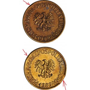 RR-, zestaw 5 złotych 1982 - 1983, DESTRUKTY, błąd wykrawania i końcówka blachy, 2 szt.