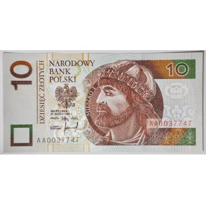 10 złotych 1994, druk TDLR Londyn, AA 0037747, ODMIENNY KOLOR, dwa zera na początku