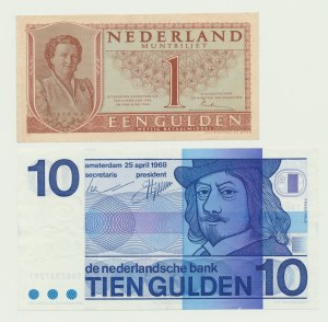 Netherlands, 10 guilders 1968 and 1 guilder 1949, set of 2.