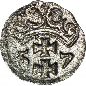 R-, Zygmunt II August Denar 1557, Gdańsk, ozdobny styl, R4