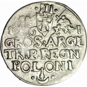 RRR-, Zygmunt III Waza, Trojak 1621, Kraków, bez gwiazdek w herbie Sas, R6