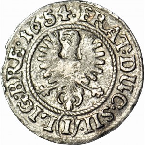 RR-, Śląsk, Trzech Braci, 1 krajcar 1654, Brzeg, rzadki typ odmiennego wizerunku postaci