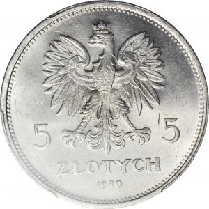 RRR- 5 złotych 1930, HYBRYDA, awers GŁĘBOKI SZTANDAR, wyśmienity