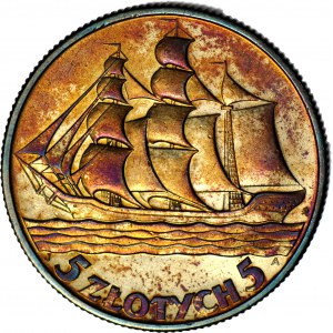 5 gold 1936 Sailing ship, mint, sensational patina