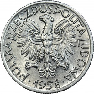 RRR-, 5 złotych 1958 Rybak, rzadki rocznik, PODWÓJNE SŁONECZKO