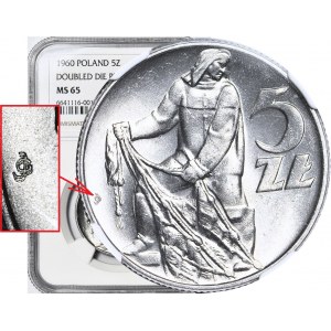 RRR-, 5 złotych 1960, Rybak DESTRUKT - DOUBLE DIE, b rzadki