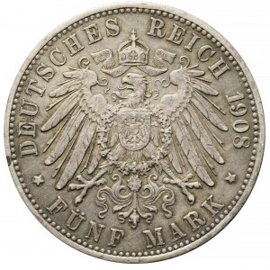 Deutschland, Baden, Friedrich II, 5 Mark 1908 G, Karlsruhe