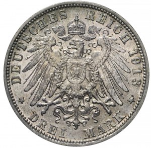 Niemcy, Bawaria, Otto, 3 marki 1913 D, Monachium, piękne