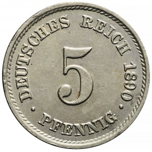 Niemcy, 5 pfennig 1890 E, bardzo ładny