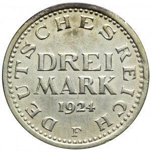 Niemcy, Republika Weimarska, 3 Marki 1924 F, Stuttgart