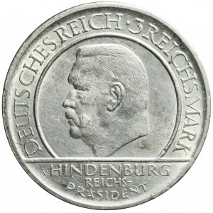 Germany, Weimar Republic, 3 marks 1929 F, Stuttgart, Hindenburg