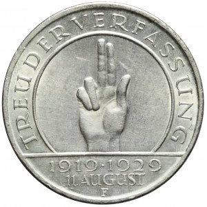 Germany, Weimar Republic, 3 marks 1929 F, Stuttgart, Hindenburg
