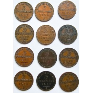 Germany, Prussia, Set of 12 3 pfennig coins