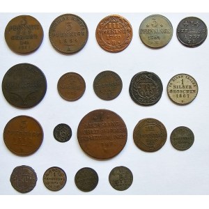 Germany, Set of 19 coins: Lowenstein, Reuss, Rostock, Schleswig-Holstein, Schwarzburg, Soest, Trier, Waldeck-Pyrmont, Wismar, Wurttemberg.