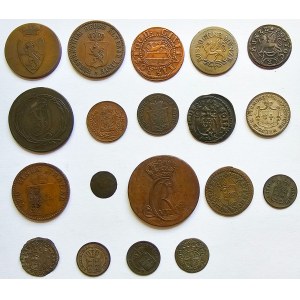 Germany, Set of 19 coins: Lowenstein, Reuss, Rostock, Schleswig-Holstein, Schwarzburg, Soest, Trier, Waldeck-Pyrmont, Wismar, Wurttemberg.