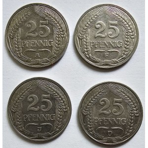 Allemagne, Empire, Ensemble de 4 pièces 25 pfennig, 1909-1912