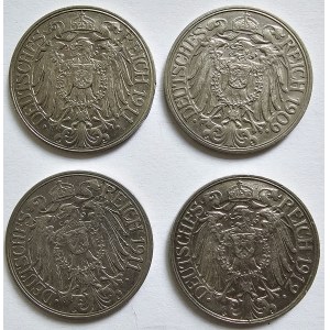Allemagne, Empire, Ensemble de 4 pièces 25 pfennig, 1909-1912