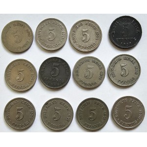 Niemcy, Cesarstwo, Zestaw 12 szt. monet 5 pfennig, lata 1873-1921