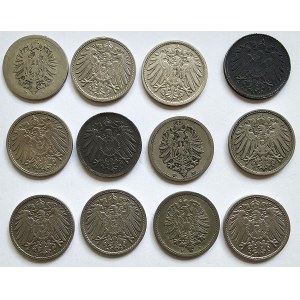 Niemcy, Cesarstwo, Zestaw 12 szt. monet 5 pfennig, lata 1873-1921