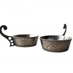 Para platerowanych solniczek w stylu zakopiańskim, Pierwsza Krajowa Fabryka Wyrobów Platerowanych, Srebrnych i Metalowych M. Jarra, Kraków, pocz. XX w.