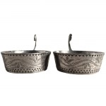 Para platerowanych solniczek w stylu zakopiańskim, Pierwsza Krajowa Fabryka Wyrobów Platerowanych, Srebrnych i Metalowych M. Jarra, Kraków, pocz. XX w.