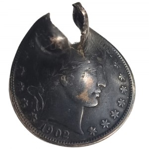 Moneta 1/4 dolara / ćwierćdolarówka USA z 1902 r. ze śladami po pocisku