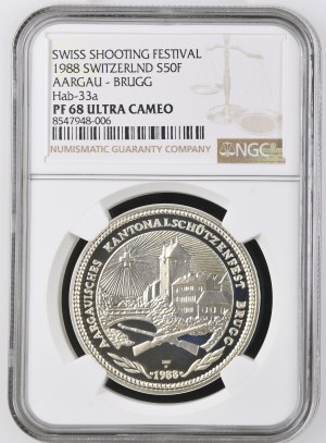 Switzerland - Aargau - 50 francs 1988, Schützentaler - Brugg, Aargauisches Kantonalschützenfest - NGC PF 68 ULTRA CAMEO - Switzerland, Swiss Shooting Medal