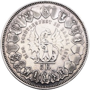 Schweiz - Basel - 5 Franken 1879, Schützentaler - Basel, Eidgenössisches Schützenfest - Switzerland, 5 Francs Swiss Shooting Thaler