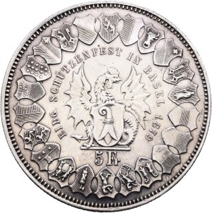 Switzerland - Basel - 5 Francs 1879, Shooting Thaler - Basel, Federal Shooting Festival - Switzerland, 5 Francs Swiss Shooting Thaler