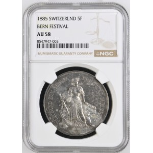 Schweiz - Bern - 5 Franken 1885 Schützentaler - Bern, Eidgenössisches Schützenfest - NGC AU 58 - Switzerland, 5 Francs Swiss Shooting Thaler