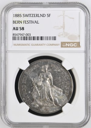 Switzerland - Bern - 5 Francs 1885 Shooting Thaler - Bern, Federal Shooting Festival - NGC AU 58 - Switzerland, 5 Francs Swiss Shooting Thaler