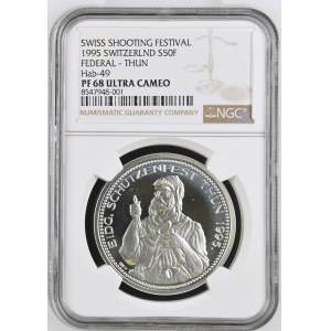 Schweiz - Bern - 50 Franken 1995, Schützentaler - Thun, Eidgenössisches Schützenfest - NGC PF 68 ULTRA CAMEO - Switzerland, 5 Francs Swiss Shooting Thaler