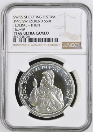 Switzerland - Berne - 50 Francs 1995, Shooting Thaler - Thun, Federal Shooting Festival - NGC PF 68 ULTRA CAMEO - Switzerland, 5 Francs Swiss Shooting Thaler