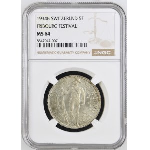 Schweiz - Freiburg - 5 Franken 1934, Schützentaler - Freiburg, Eidgenössisches Schützenfest - Fribourg, Tir fédéral - NGC MS 64 - Switzerland, 5 Francs Swiss Shooting Thaler