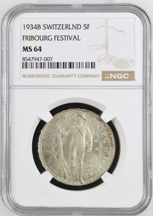 Switzerland - Fribourg - 5 Francs 1934, Shooting Thaler - Fribourg, Federal Shooting Festival - Fribourg, Tir fédéral - NGC MS 64 - Switzerland, 5 Francs Swiss Shooting Thaler