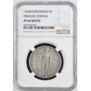 Schweiz - Freiburg - 5 Franken 1934, Schützentaler, Matt - Freiburg, Eidgenössisches Schützenfest - Fribourg, Tir fédéral - NGC MS 64 - Switzerland, 5 Francs Swiss Shooting Thaler