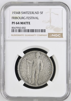 Switzerland - Fribourg - 5 Francs 1934, Shooting Thaler, Matt - Fribourg, Federal Shooting Festival - Fribourg, Tir fédéral - NGC MS 64 - Switzerland, 5 Francs Swiss Shooting Thaler