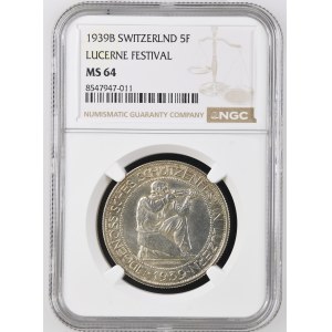 Schweiz - Luzern - 5 Franken 1939, Schützentaler - Luzern, Eidgenössisches Schützenfest - NGC MS 64 - Switzerland, 5 Francs Swiss Shooting Thaler