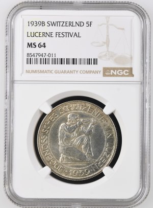 Switzerland - Lucerne - 5 Francs 1939, Shooting Thaler - Lucerne, Federal Shooting Festival - NGC MS 64 - Switzerland, 5 Francs Swiss Shooting Thaler