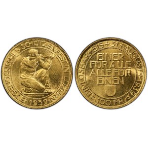 Schweiz - Luzern - 100 Franken 1939, Schützentaler - Luzern, Eidgenössisches Schützenfest - PCGS MS 63 - Switzerland, 5 Francs Swiss Shooting Thaler
