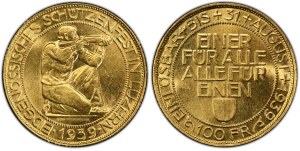 Switzerland - Lucerne - 100 Francs 1939, Shooting Thaler - Lucerne, Federal Shooting Festival - PCGS MS 63 - Switzerland, 5 Francs Swiss Shooting Thaler