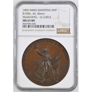 Schweiz - Neuenburg / Neuchâtel - Kupfermedaille 1892 - Le Locle, Tir cantonal neuchâtelois - NGC MS 63 BN - Switzerland, Swiss Shooting Medal