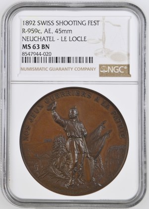 Switzerland - Neuchâtel - Copper medal 1892 - Le Locle, Tir cantonal neuchâtelois - NGC MS 63 BN - Switzerland, Swiss Shooting Medal